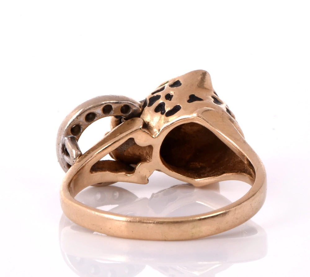 Estate Diamond Enamel 14k Gold Leopard Ring 6.6 Grams