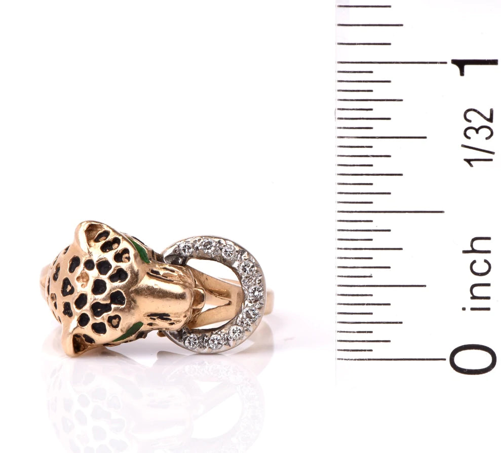 Estate Diamond Enamel 14k Gold Leopard Ring 6.6 Grams