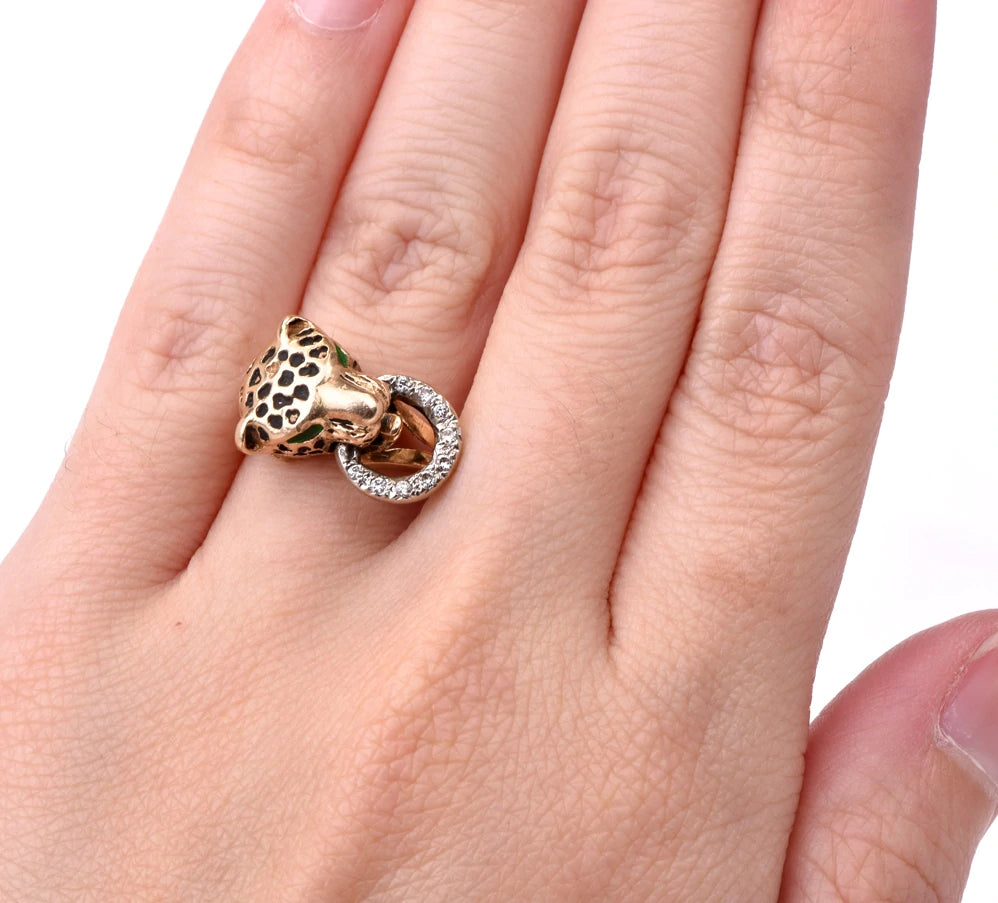 Estate Diamond Enamel 14k Gold Leopard Ring 6.6 Grams