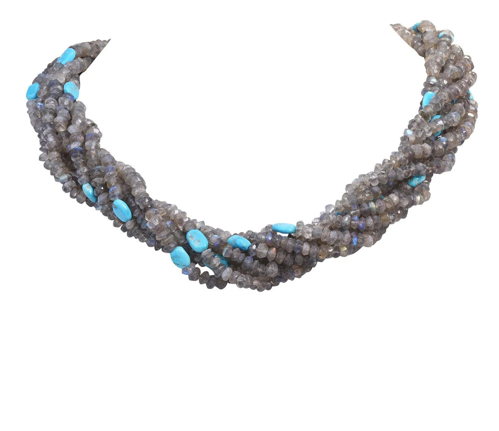 Estate Turquoise Moonstone 14k Gold Eight Strand Bead Necklace