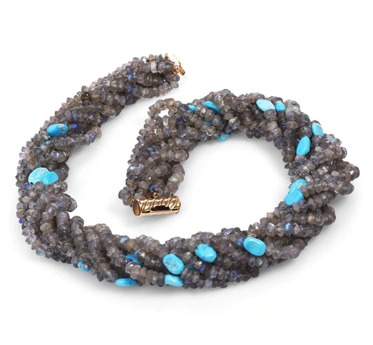 Estate Turquoise Moonstone 14k Gold Eight Strand Bead Necklace