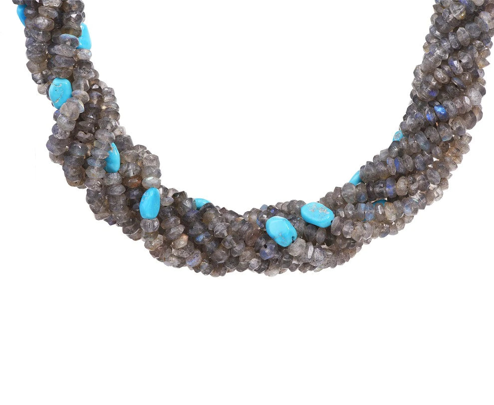 Estate Turquoise Moonstone 14k Gold Eight Strand Bead Necklace