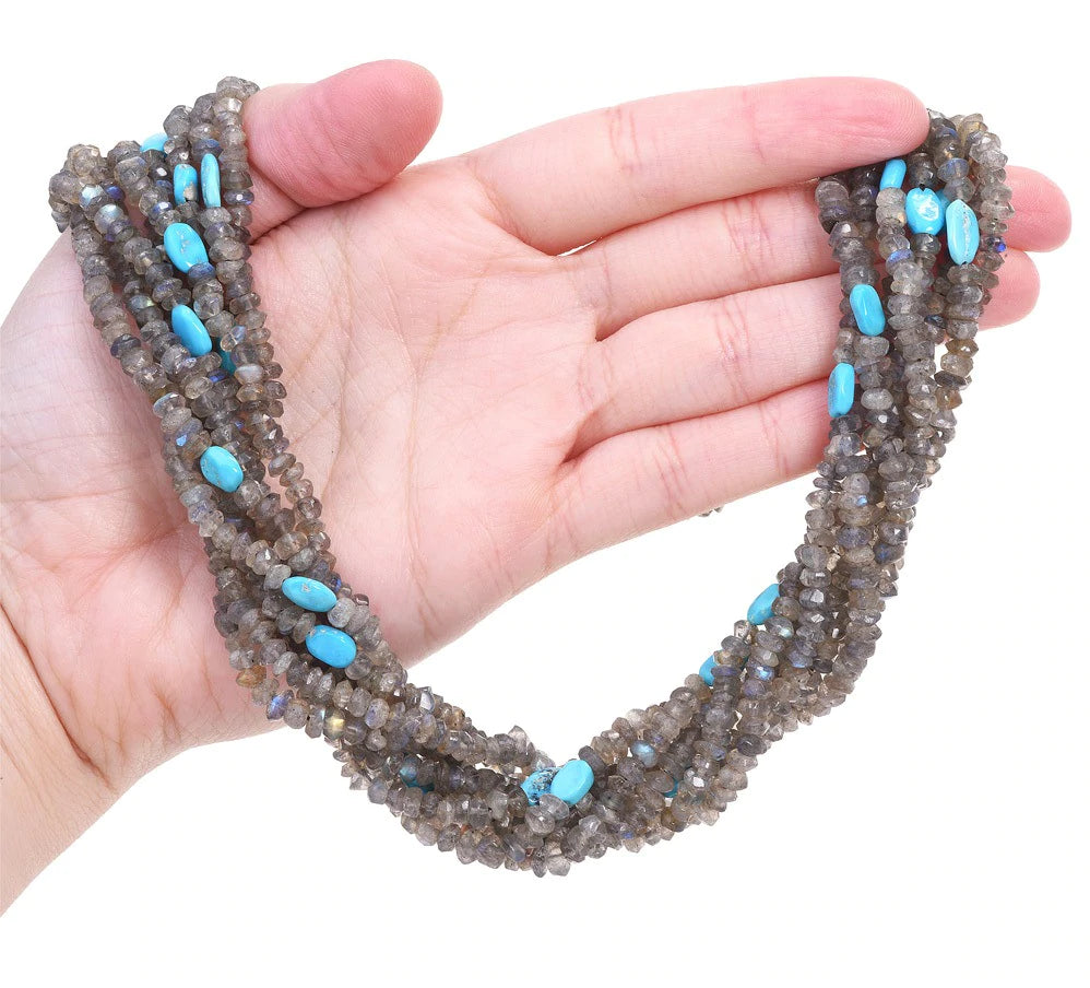 Estate Turquoise Moonstone 14k Gold Eight Strand Bead Necklace