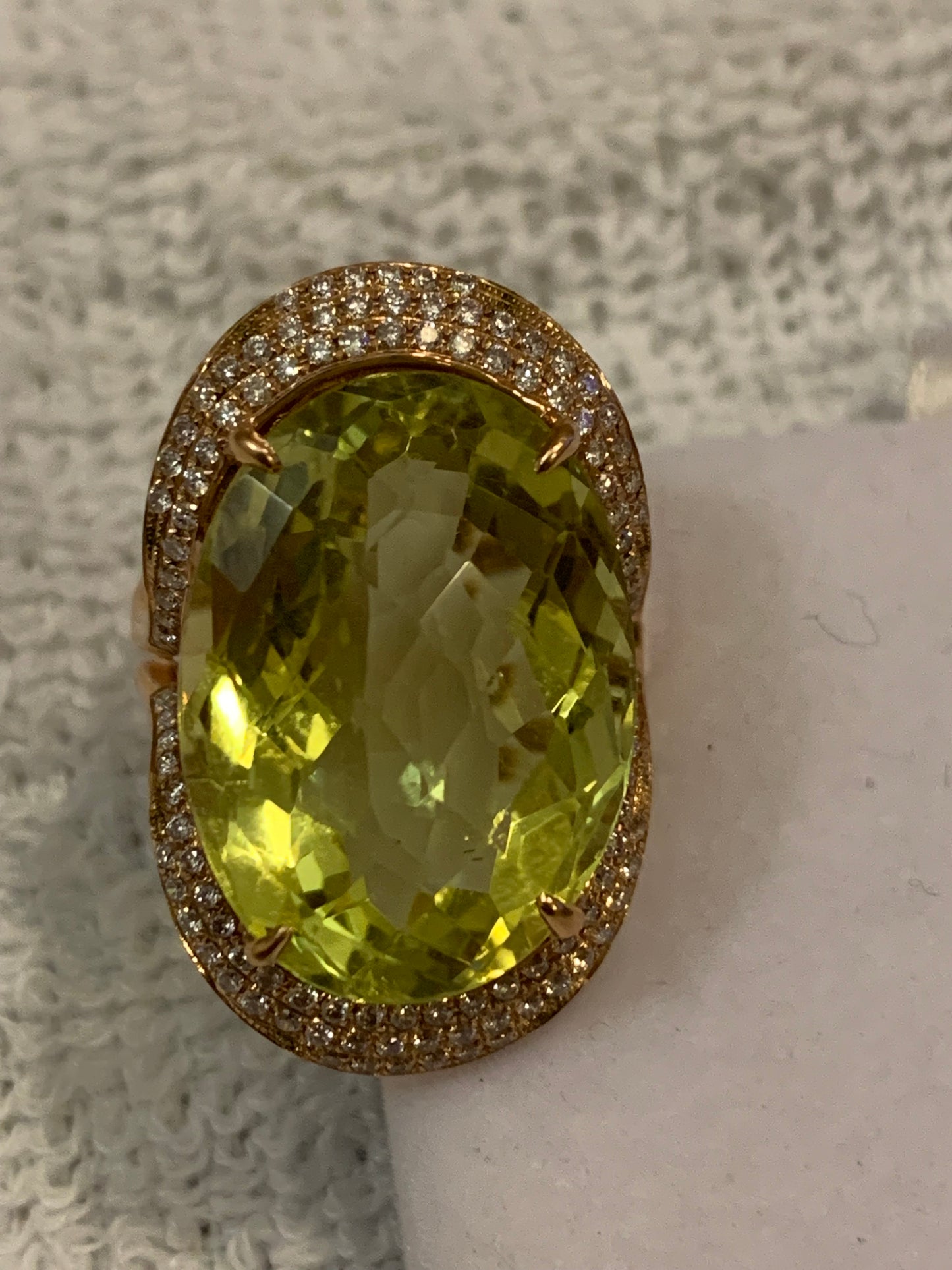 Estate Diamond Green Citrine 14k Rose Gold Wide Cocktail Ring 10.6 Grams