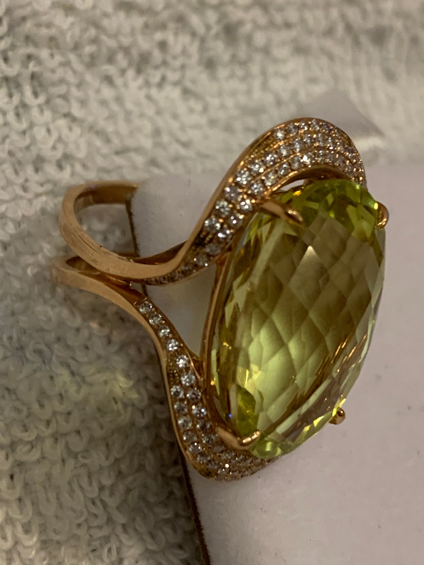 Estate Diamond Green Citrine 14k Rose Gold Wide Cocktail Ring 10.6 Grams