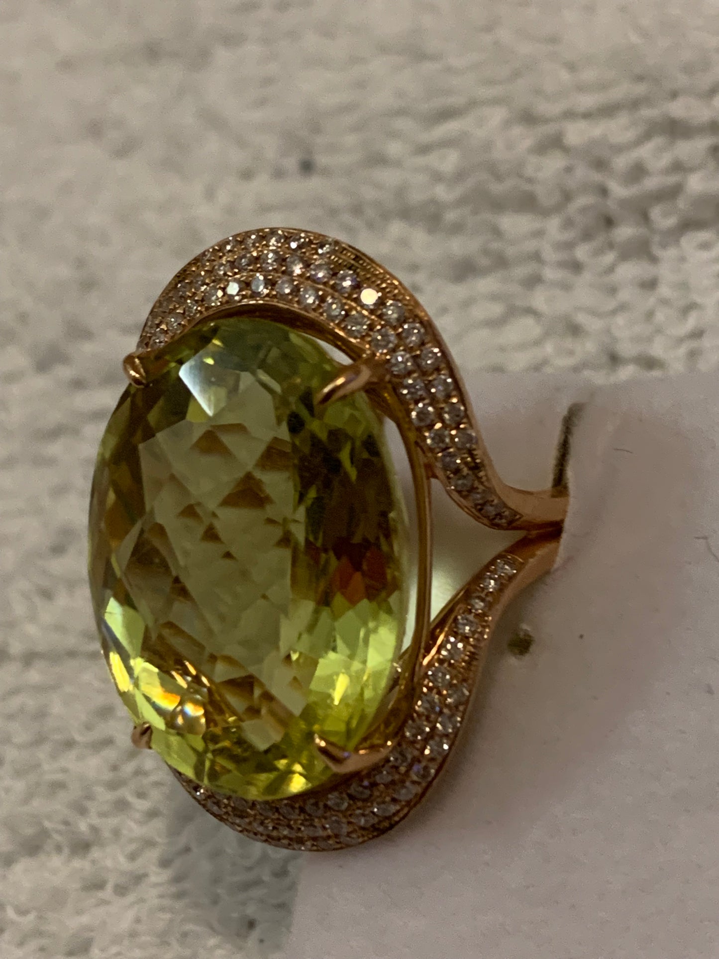 Estate Diamond Green Citrine 14k Rose Gold Wide Cocktail Ring 10.6 Grams