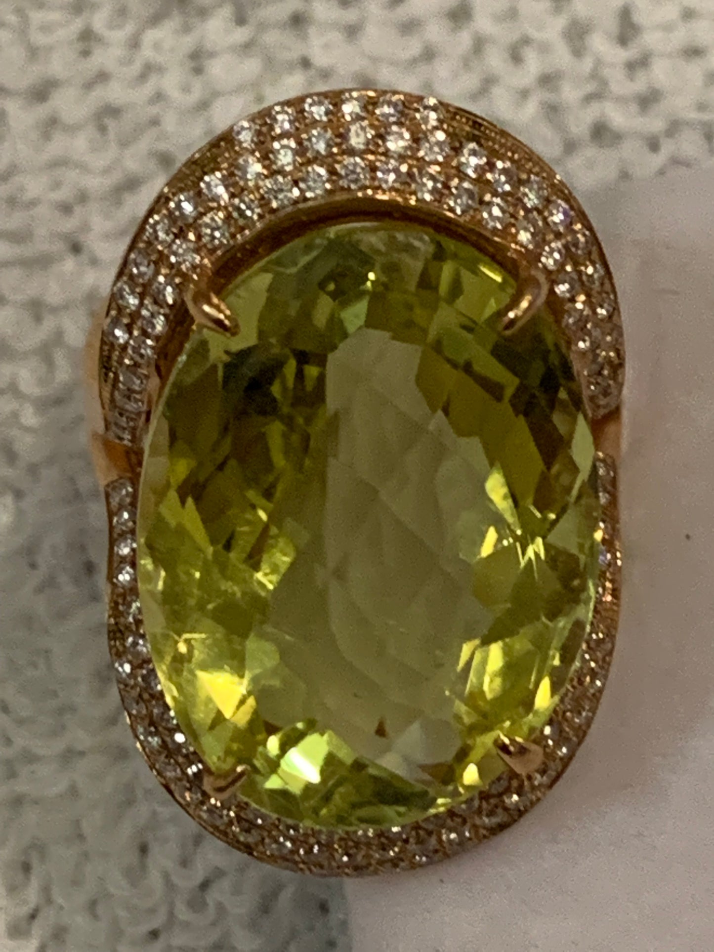 Estate Diamond Green Citrine 14k Rose Gold Wide Cocktail Ring 10.6 Grams