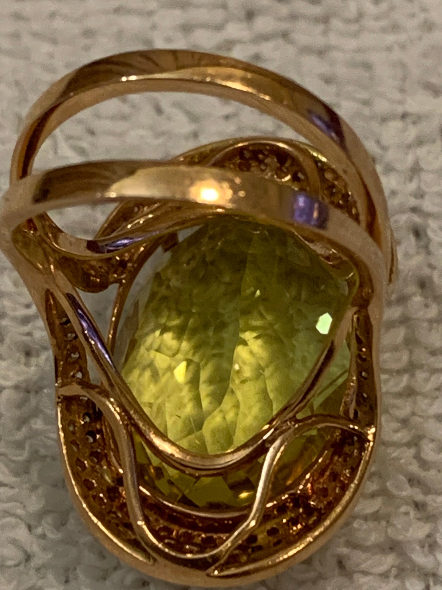 Estate Diamond Green Citrine 14k Rose Gold Wide Cocktail Ring 10.6 Grams