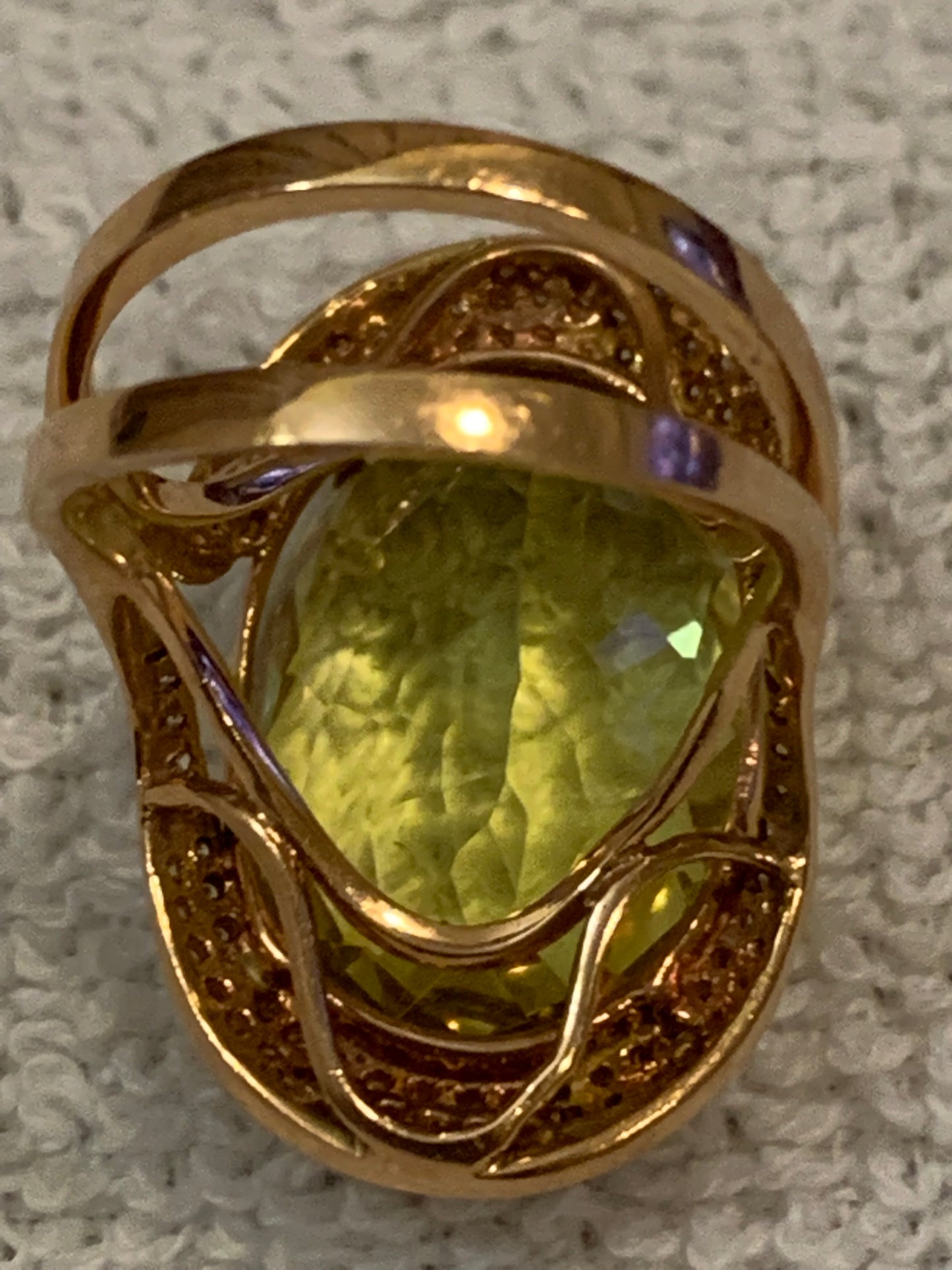 Estate Diamond Green Citrine 14k Rose Gold Wide Cocktail Ring 10.6 Grams