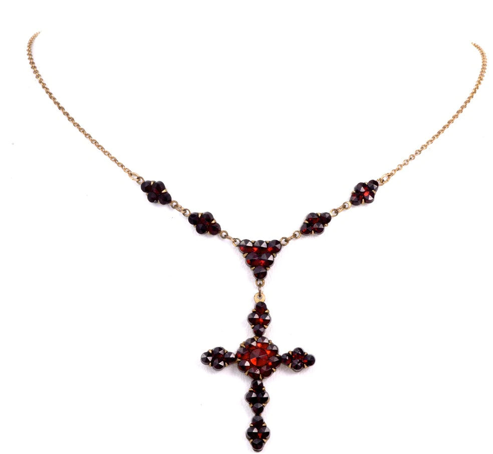 Antique Garnet 10K Yellow Gold Cross Pendant Necklace 5.4 Grams