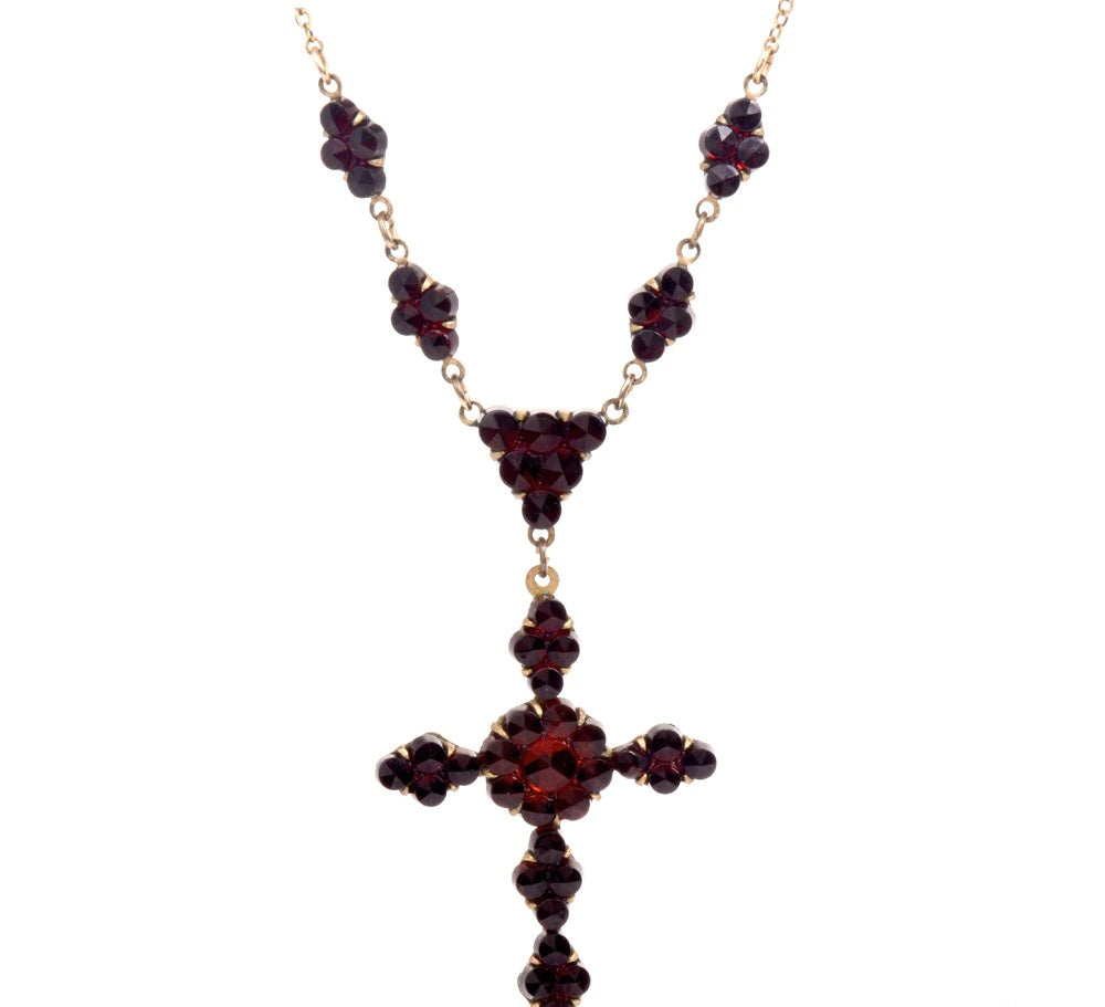 Antique Garnet 10K Yellow Gold Cross Pendant Necklace 5.4 Grams