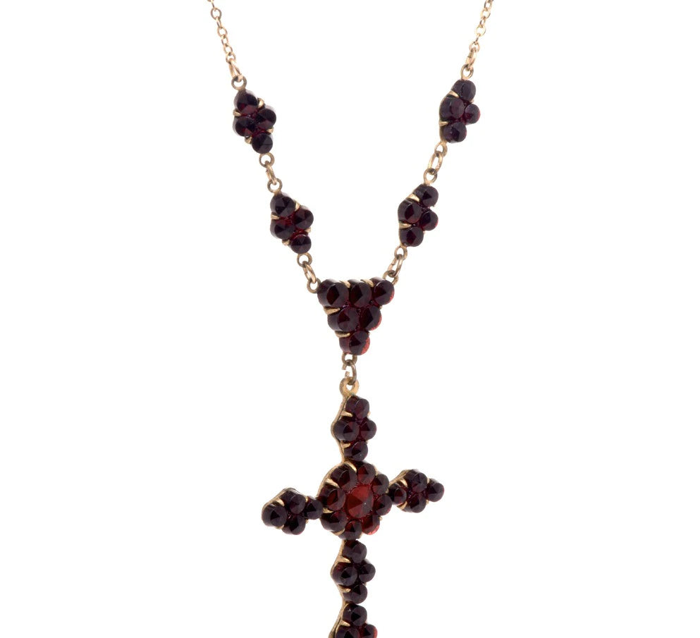 Antique Garnet 10K Yellow Gold Cross Pendant Necklace 5.4 Grams