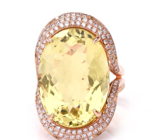 Estate Diamond Green Citrine 14k Rose Gold Wide Cocktail Ring 10.6 Grams