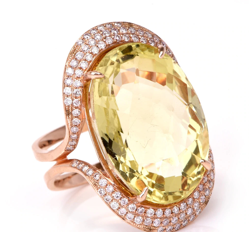 Estate Diamond Green Citrine 14k Rose Gold Wide Cocktail Ring 10.6 Grams