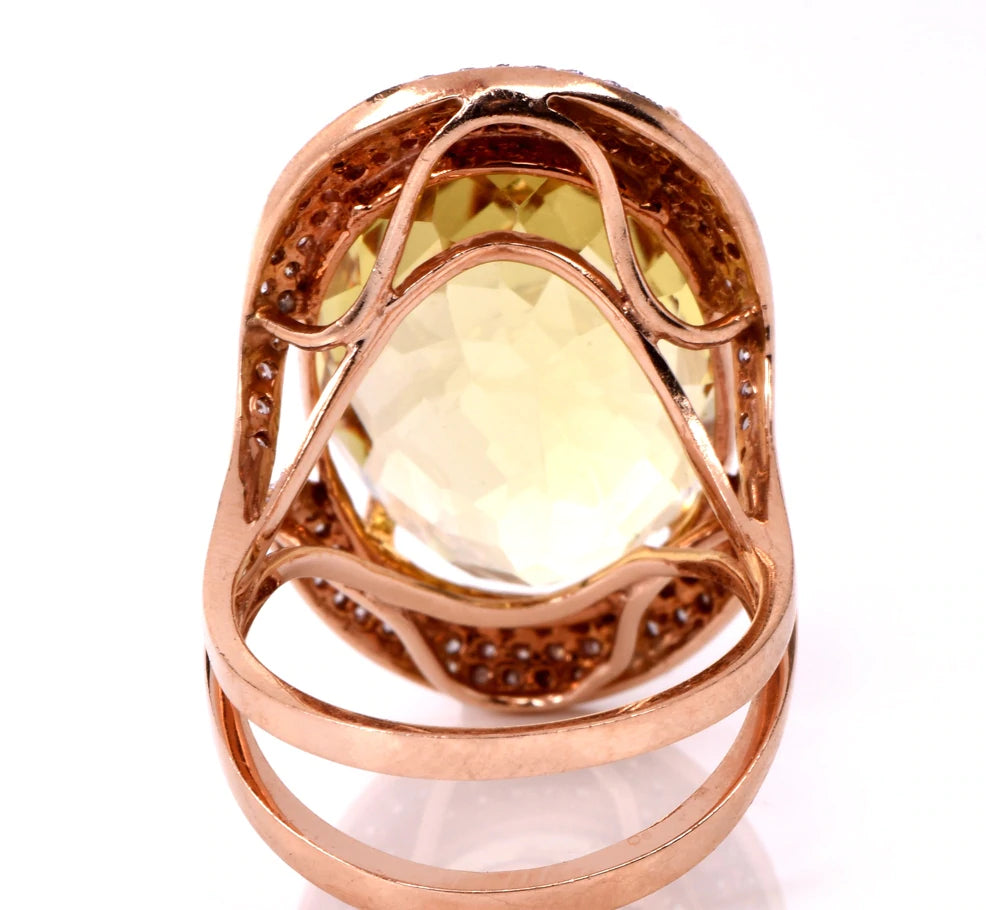 Estate Diamond Green Citrine 14k Rose Gold Wide Cocktail Ring 10.6 Grams