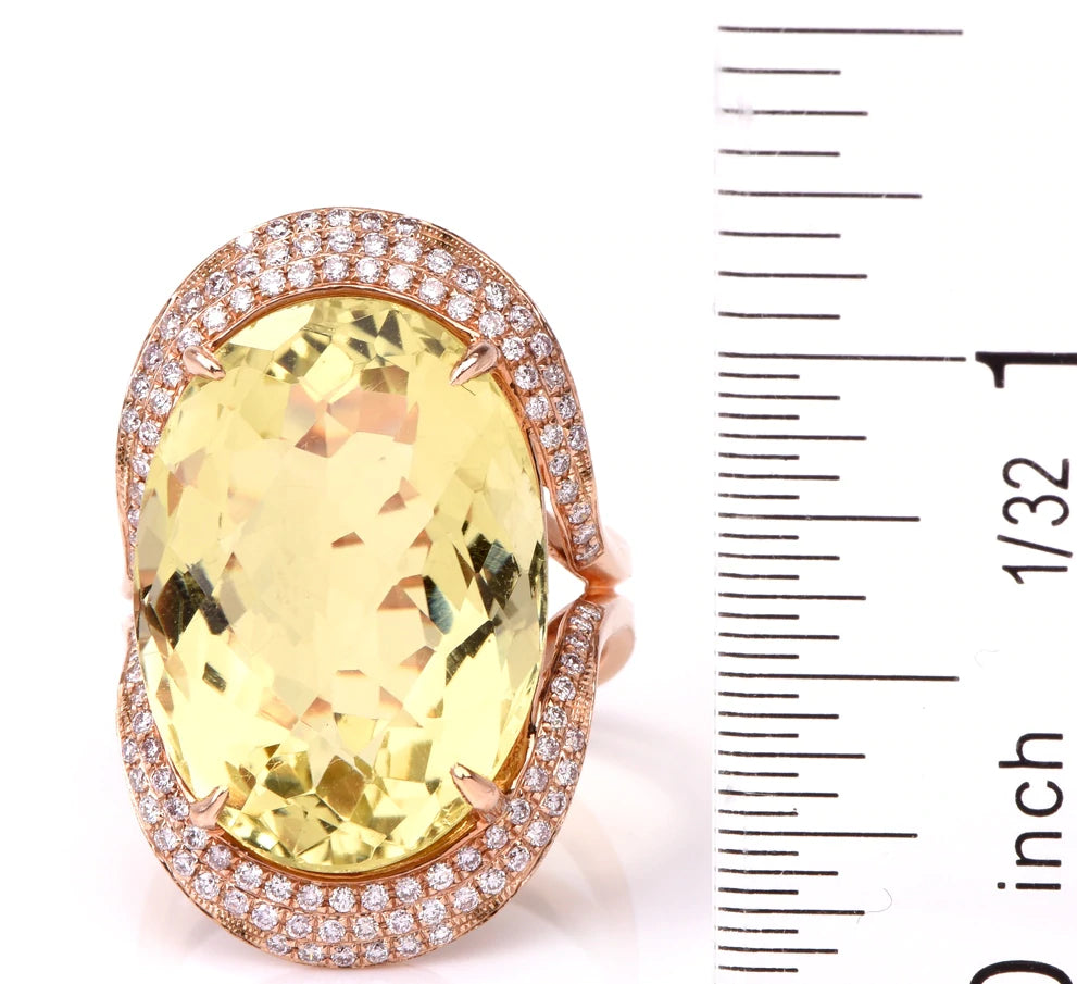 Estate Diamond Green Citrine 14k Rose Gold Wide Cocktail Ring 10.6 Grams