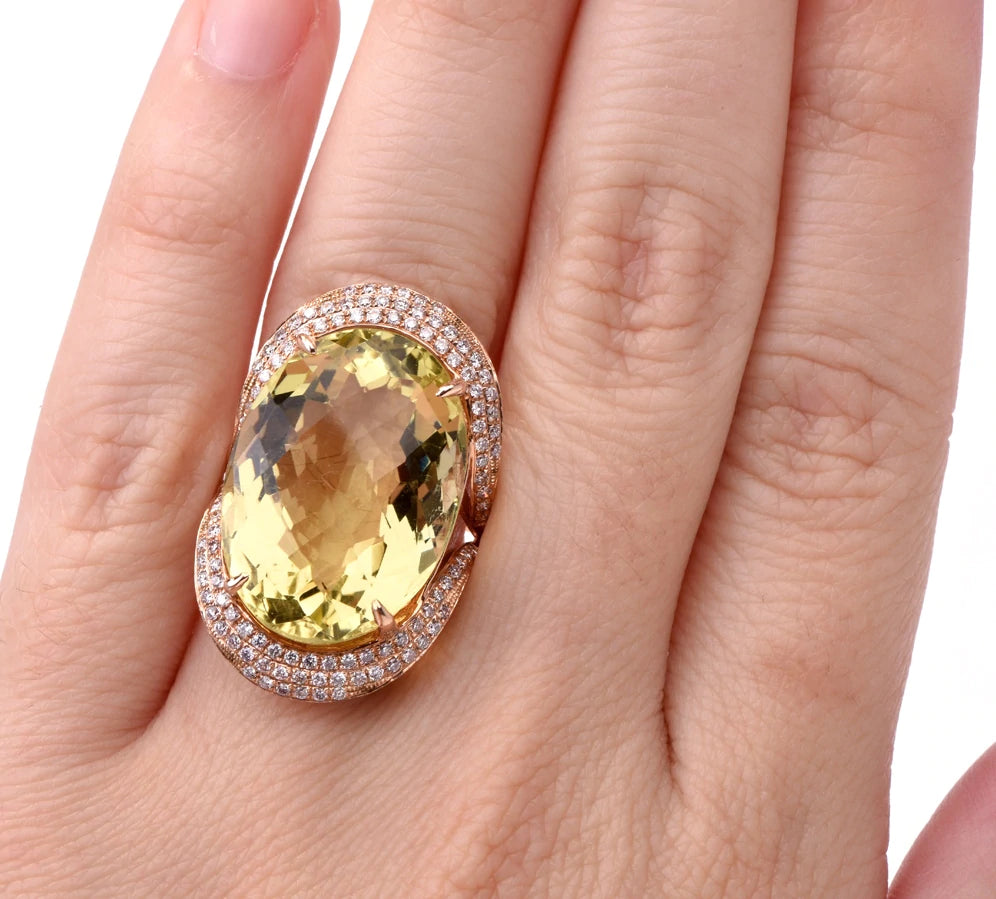 Estate Diamond Green Citrine 14k Rose Gold Wide Cocktail Ring 10.6 Grams