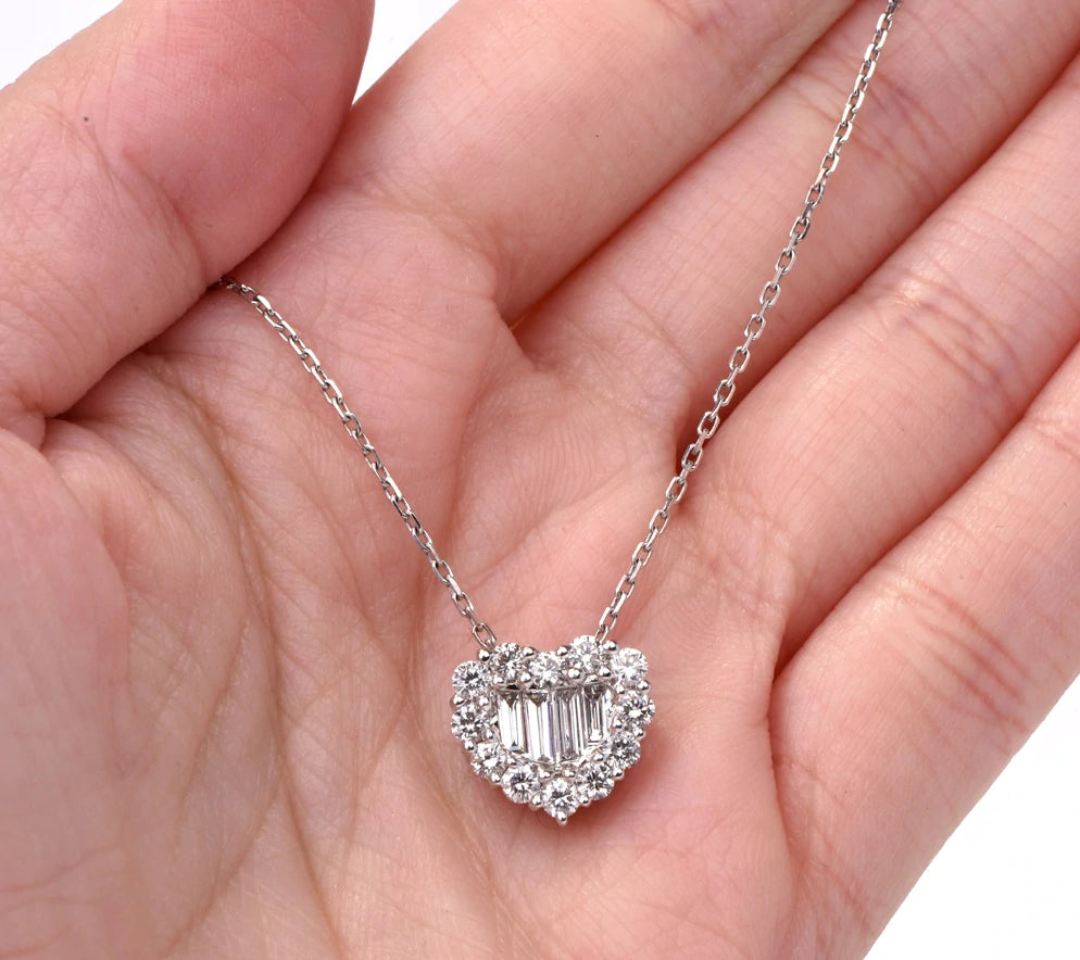 Estate 0.91ct Diamond 18K White Gold Chain Heart Pendant