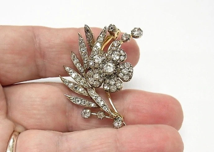 Antique Fine 4ctw Old Cut Diamond 18k Gold Pin Antique Flower Victorian Floral Brooch