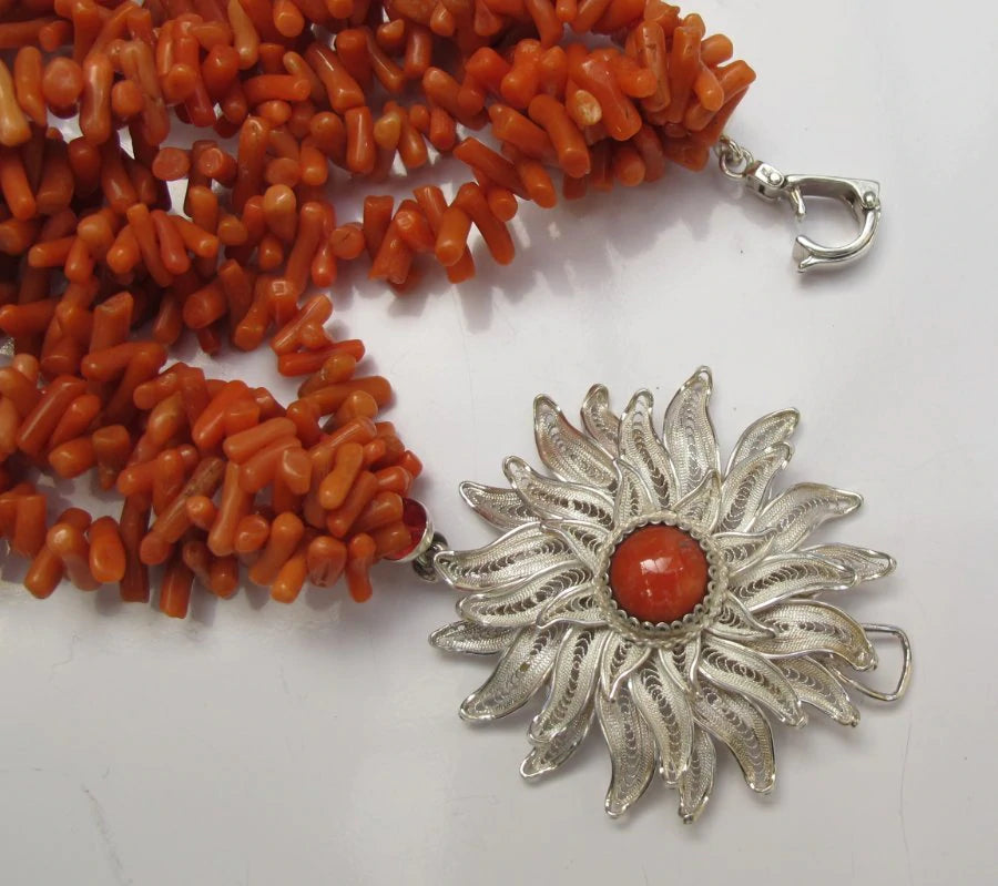 Stunning Antique Coral Large Silver & 5 Strand Coral Necklace