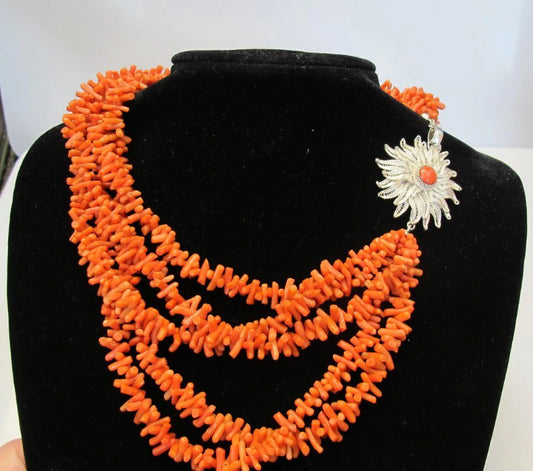 Stunning Antique Coral Large Silver & 5 Strand Coral Necklace