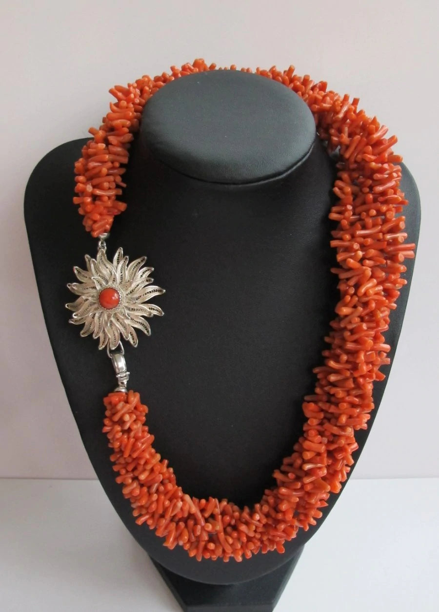 Stunning Antique Coral Large Silver & 5 Strand Coral Necklace