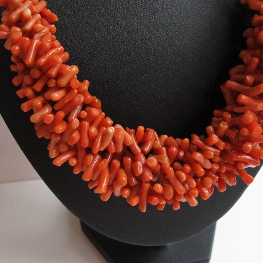 Stunning Antique Coral Large Silver & 5 Strand Coral Necklace