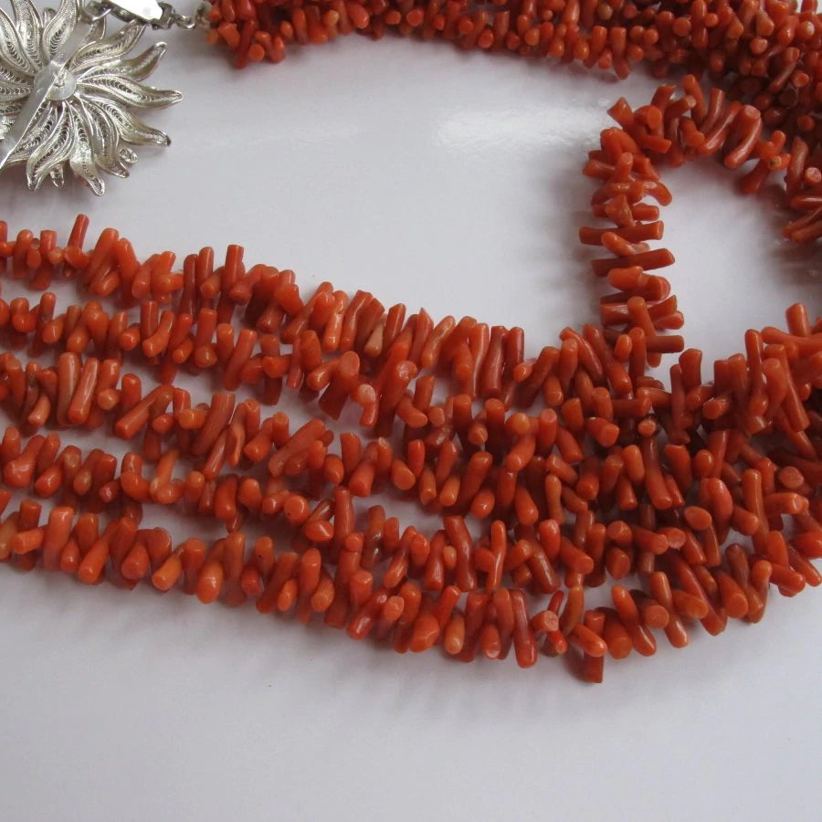 Stunning Antique Coral Large Silver & 5 Strand Coral Necklace