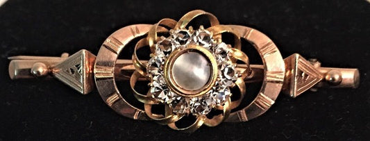 Antique Vintage arts Crafts Frov 10K Rose Gold Openwork Brooch Mop Crystals