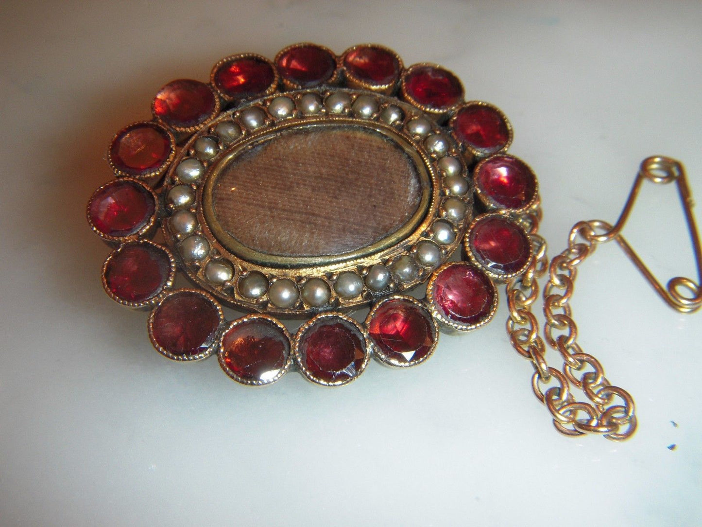 Victorian Antique 9CT Gold Oval Almandine Garnet and Seed Pearl Memorial Brooch