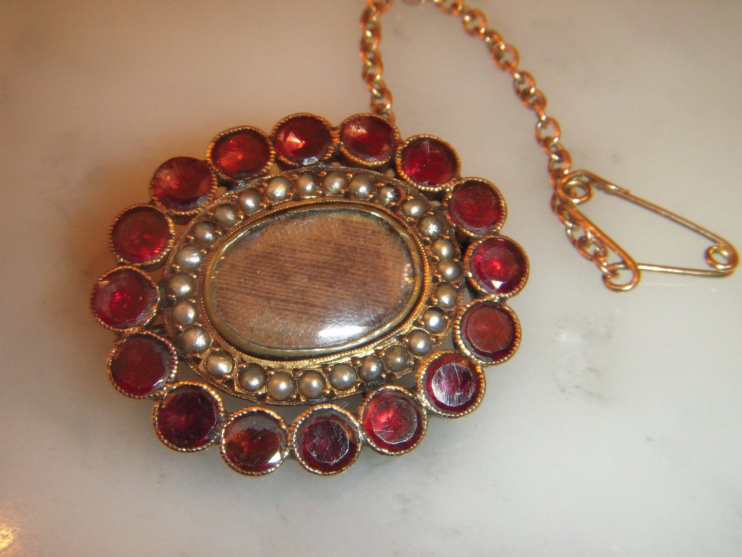 Victorian Antique 9CT Gold Oval Almandine Garnet and Seed Pearl Memorial Brooch