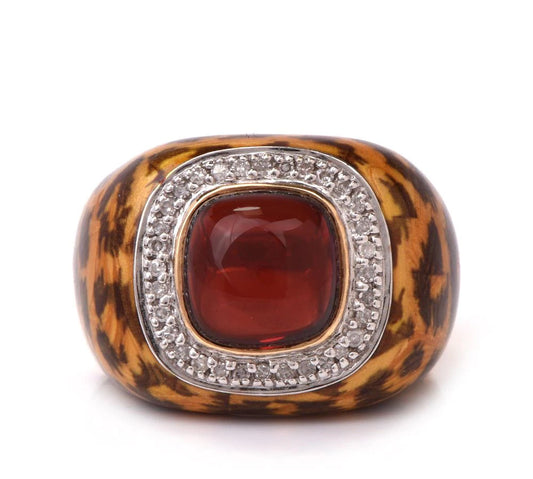 Estate Diamond Garnet Leopard Enamel 14k Gold Cocktail Ring