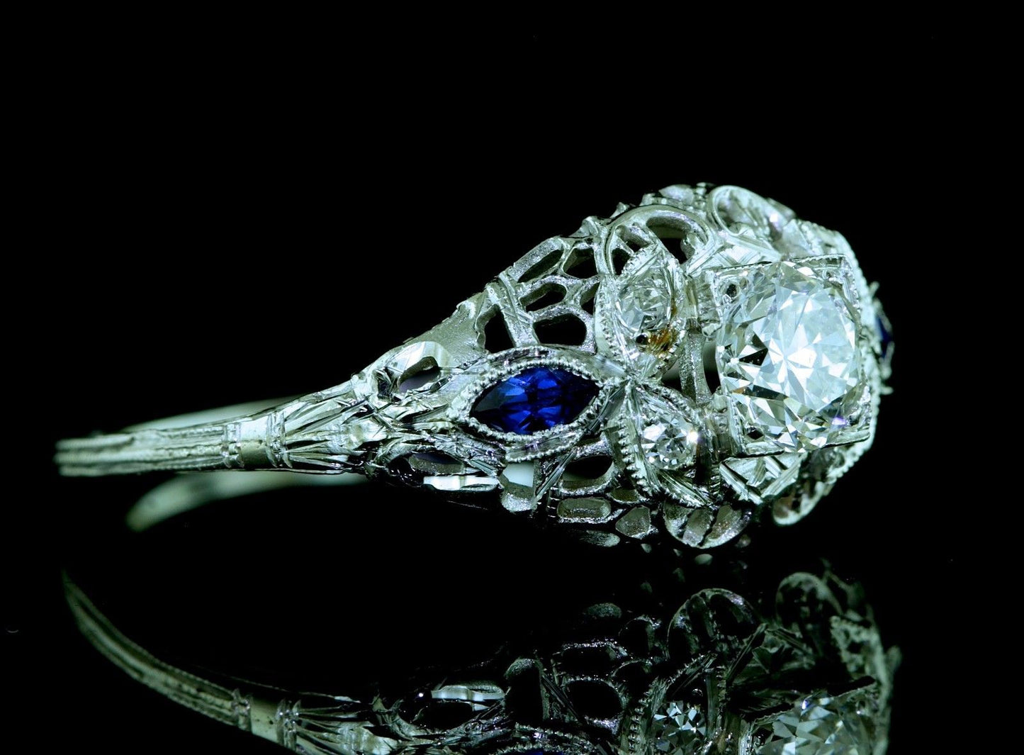 Art Deco 0.64ctw European Diamond Blue Sapphire 18K White Gold Filigree Ring