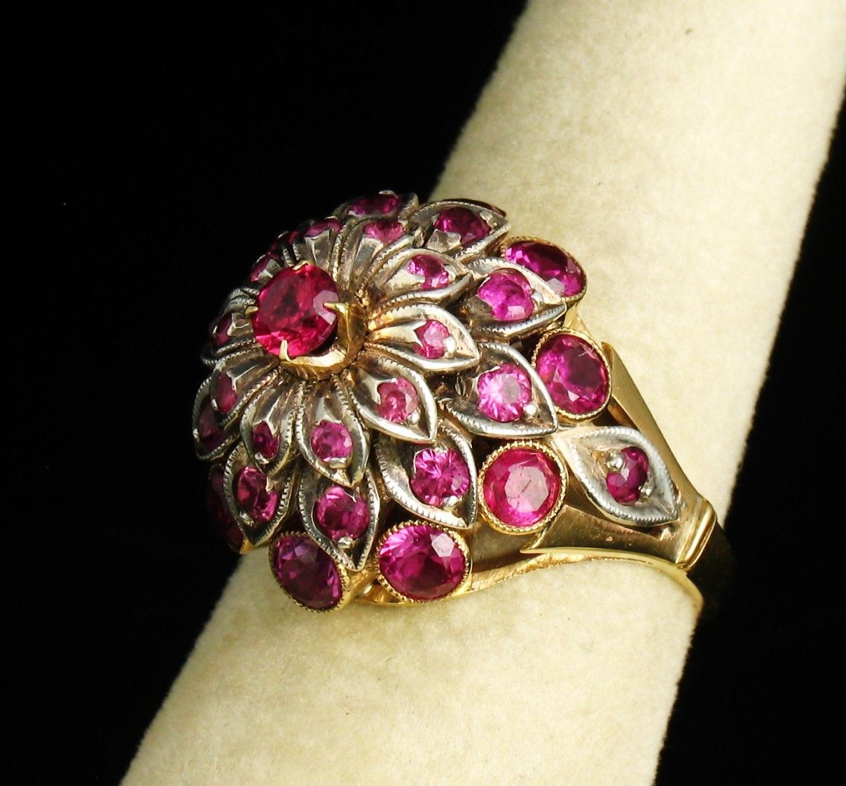 Vintage Signed Natural 3.0ct Burmese Ruby & Diamond 18k Gold Harem Cluster Ring