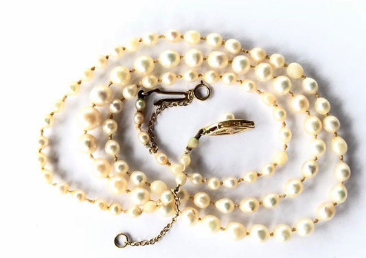 Vintage Hand Knotted Real Pearl Necklace 9ct Gold Clasp