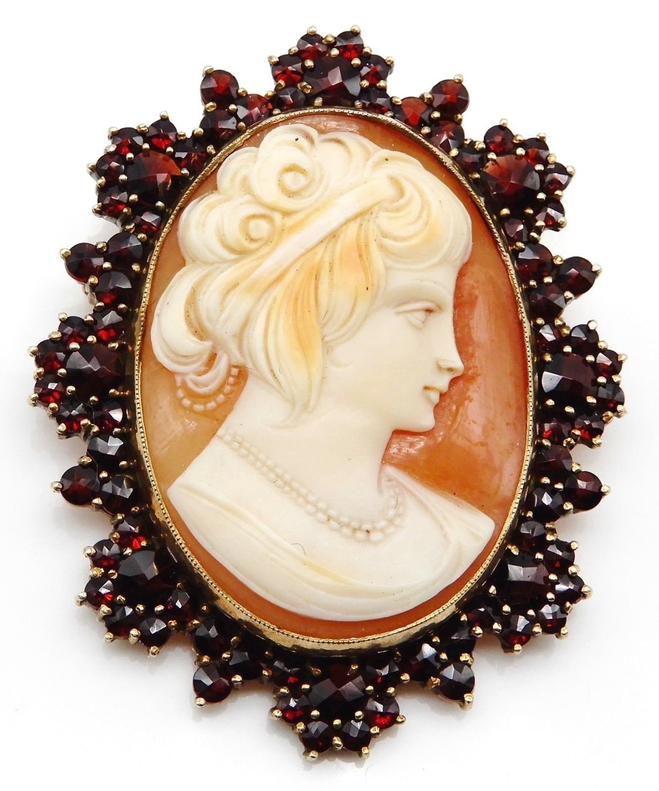 Victorian Solid 14k Yellow Gold / Cameo / Garnets Ladies Brooch Pin