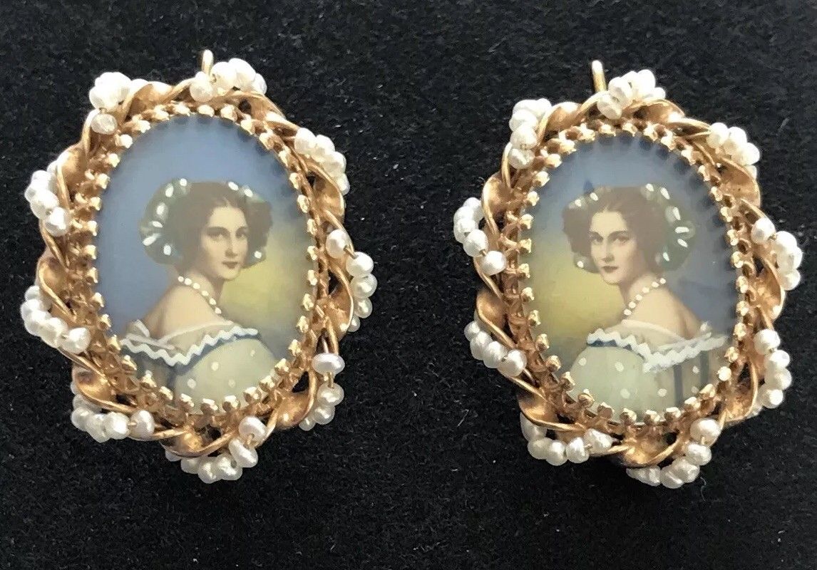 Antique 14k Yellow Gold, Seed pearl hand painted Lady portrait pierced earrings