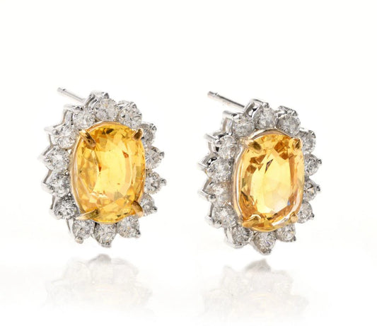 Estate Diamond 8.60ct Yellow Sapphire 14K Gold Stud Earrings