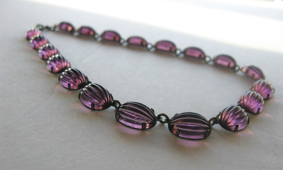 Vintage signed Czez Amethyst Ribbed Glass/ paste Open Back Necklace Art Deco