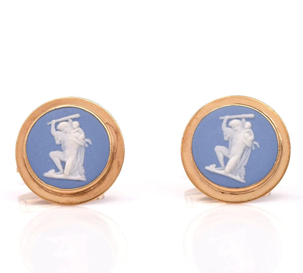 Vintage Wedgwood Cameo Blue Jasper 14K Yellow Gold Round Cufflinks