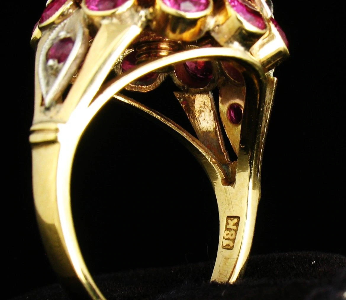 Vintage Signed Natural 3.0ct Burmese Ruby & Diamond 18k Gold Harem Cluster Ring