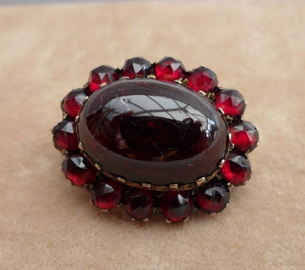 Antique Georgian Cabochon and Rose Cut Garnet Brooch Pin Closed Back