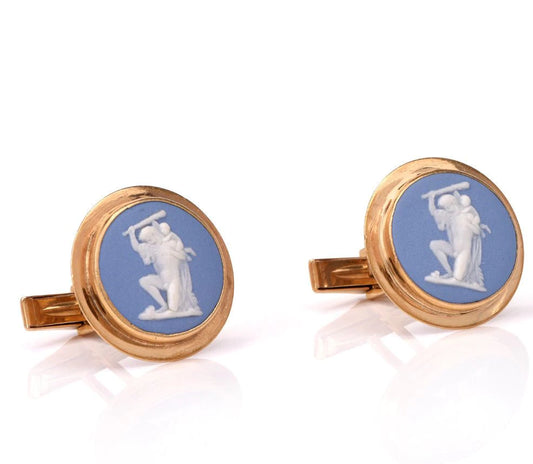 Vintage Wedgwood Cameo Blue Jasper 14K Yellow Gold Round Cufflinks