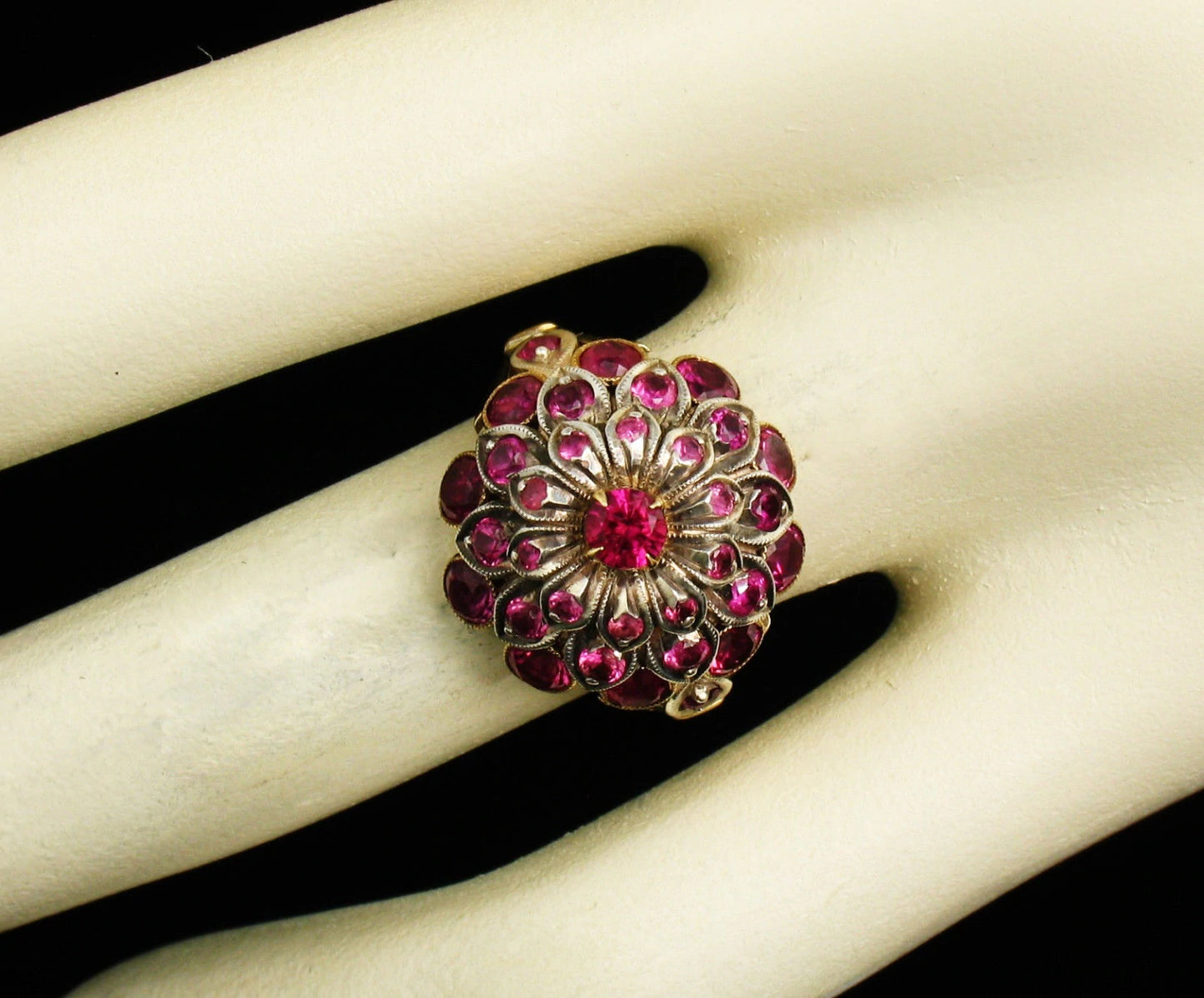 Vintage Signed Natural 3.0ct Burmese Ruby & Diamond 18k Gold Harem Cluster Ring