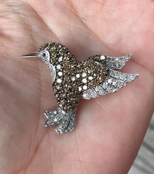 Diamond 2ct Hummingbird Pendant Brooch Slide 10K white Gold 6.9g