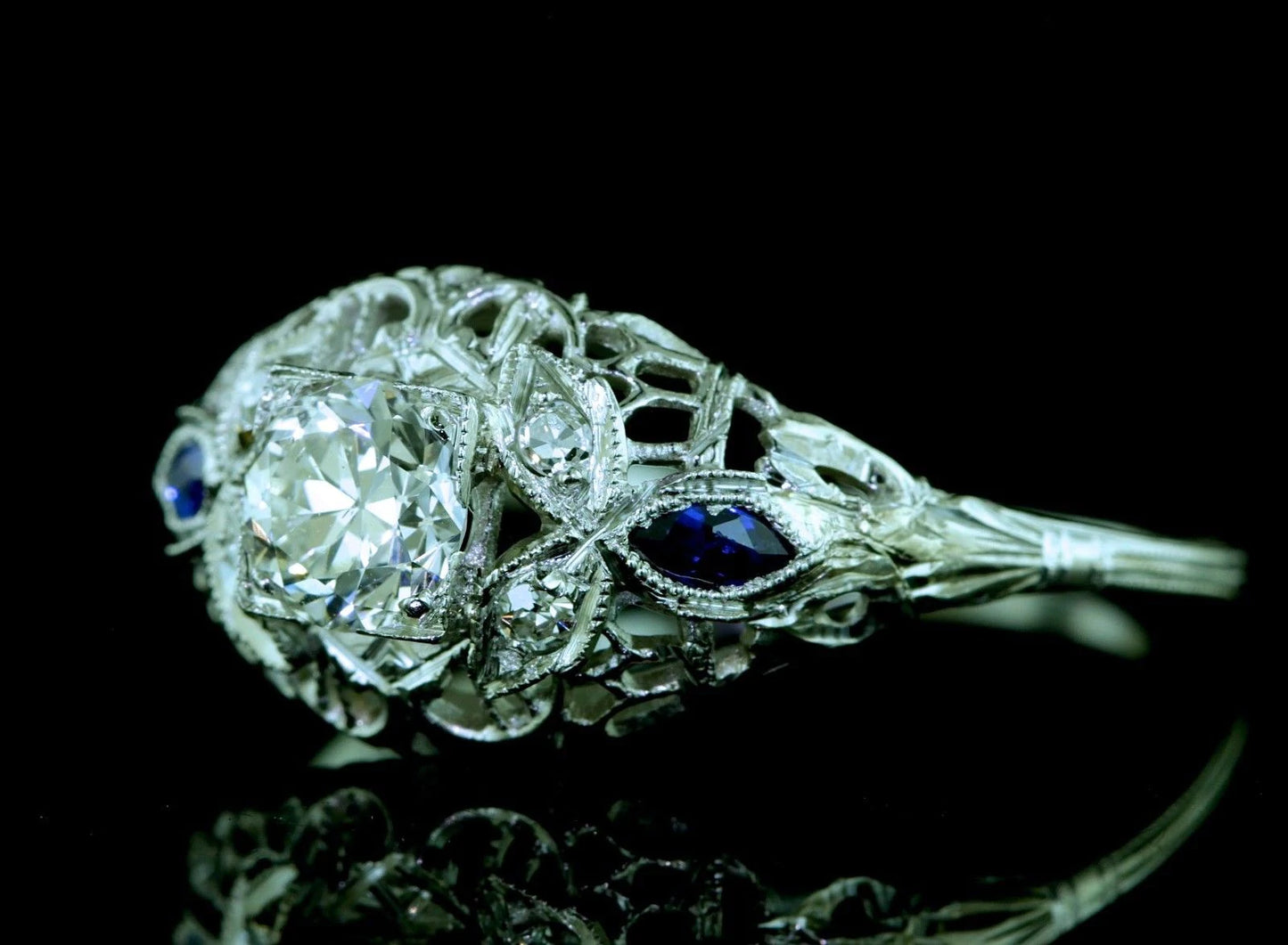 Art Deco 0.64ctw European Diamond Blue Sapphire 18K White Gold Filigree Ring