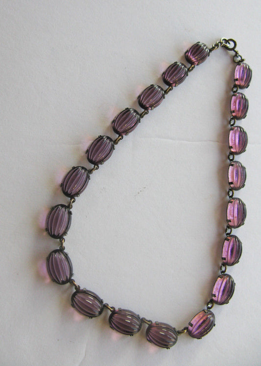 Vintage signed Czez Amethyst Ribbed Glass/ paste Open Back Necklace Art Deco