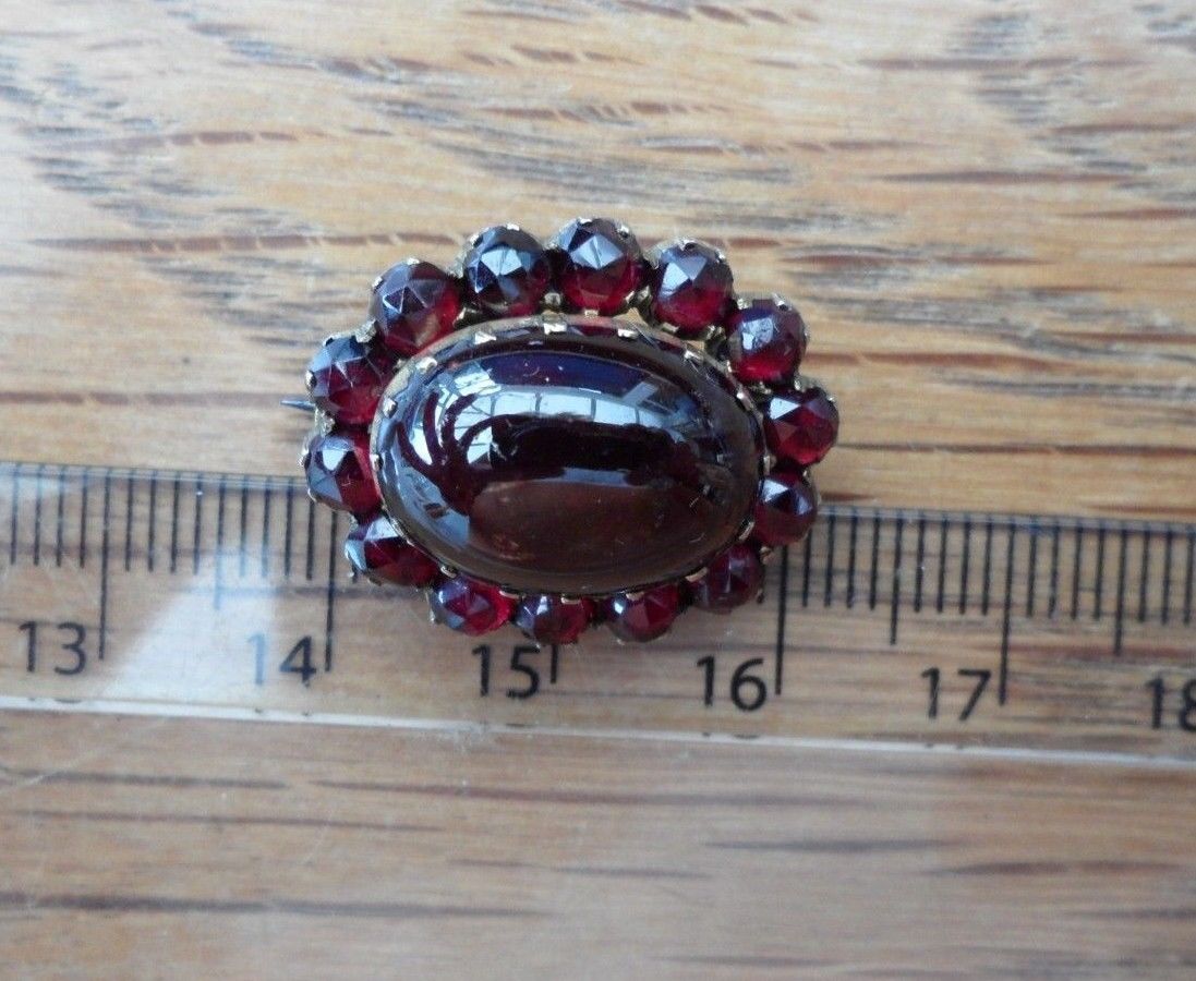 Antique Georgian Cabochon and Rose Cut Garnet Brooch Pin Closed Back