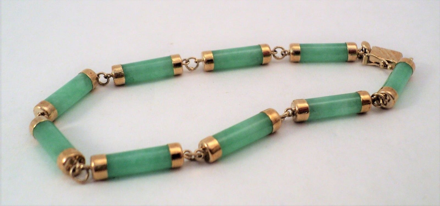 Estate Vintage 14k Yellow Gold & Green Jade Link Bracelet 7.5" Elegant 585