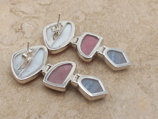 Sterling Silver 925 Mother of Pearl banded Jasper & Pin Agate Hinged Earrings